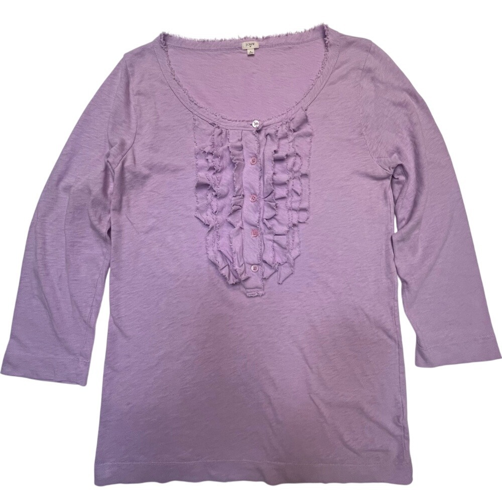 J. Crew Cottagecore Lilac Ruffled‎ 3/4 Sleeve 100% Cotton Top Size L